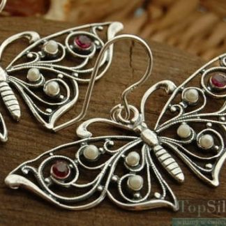 MOTYLEK - srebrne kolczyki rubiny i perły