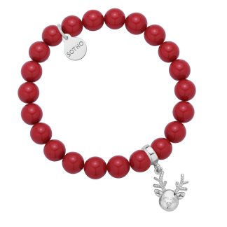 Czerwona bransoletka z pereł SWAROVSKI® CRYSTAL ze srebrnym reniferkiem