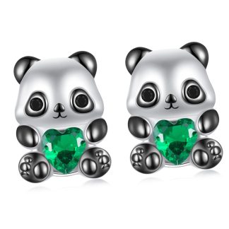 Słodkie pandy z zielonymi serduszkami sztyfty kolczyki srebro 925