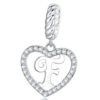 Literka F w serduszku alfabet srebrny charms zawieszka do bransoletki modułowej