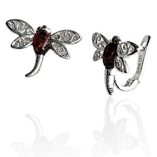 Kolczyki srebrne ważki  z bursztynem na angielskim zapięciu