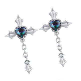 Krzyże z kryształowymi opalizującymi sercami kolczyki srebrne kolczyki