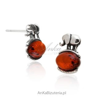 Kolczyki srebrne słoniki z bursztynem