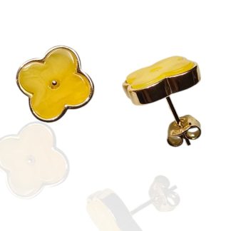 Kolczyki srebrne pozłacane z żółtym  bursztynem koniczyna marokańska