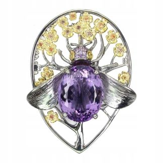Broszka srebrna 29.63ct ametyst szafiry mucha