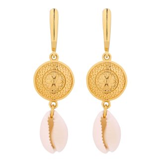 Złote długie kolczyki z rozetami i muszelkami