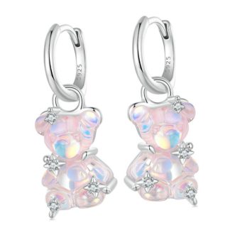 Srebrne koła z wiszącymi różowymi misiami kolczyki zatrzaski srebro 925