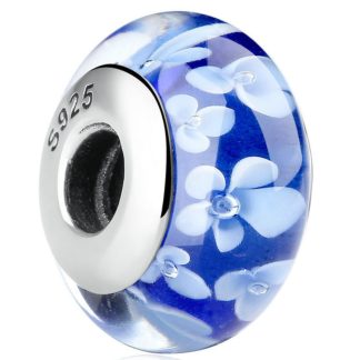 Charms szklany koralik z niebieskimi kwiatami szkło srebro 925