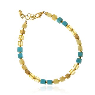 Bransoletka srebrna  pozłacana  z żółto - białym bursztynem i turkusem - kosteczki