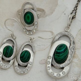 MALVO - srebrny komplet z malachitem i kryształkam