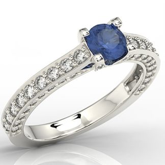Pierścionek z białego złota z szafirem i cyrkoniami LP-16B