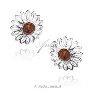Kolczyki srebrne z koniakowym bursztynem kwiatki