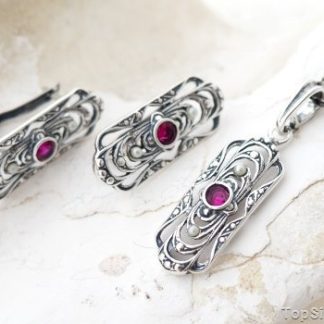 PARMA - srebrny komplet rubin i perły