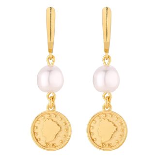 Złote długie kolczyki z monetami i perłami SWAROVSKI® CRYSTAL