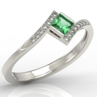 Pierścionek z białego złota ze szmaragdem i cyrkoniami LP-46B