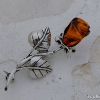 BURSZTYNOWA ROZA - srebrna broszka z bursztynem
