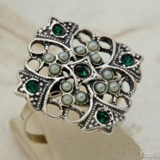 BIZZ - srebrny pierścionek perły i szmaragdy