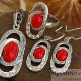 LOLO - srebrny komplet z koralem i kryształkami