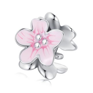 Różowe kwiaty srebrny emaliowany charms koralik beads