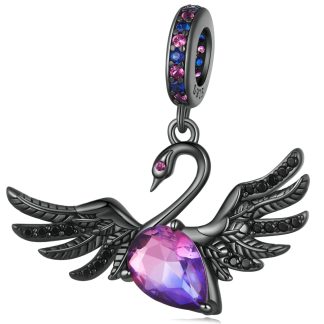 Czarny łabędź z kryształami srebrny charms zawieszka beads srebro 925