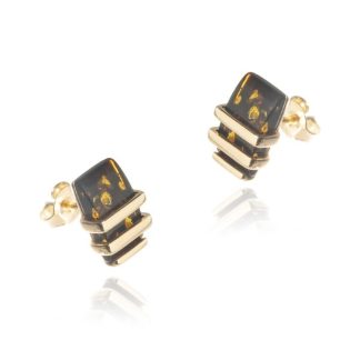 Kolczyki  srebrne pozłacane  z  wiśniowym bursztynem  i zielonymi łuskami