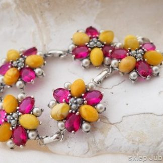 Srebrna bransoleta ADRIANO bursztyny, rubiny perły