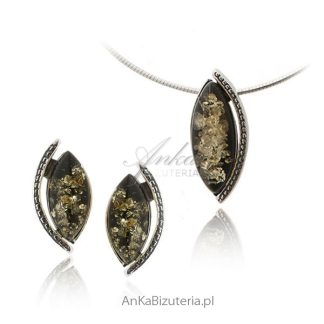Komplet srebrny z zielonym bursztynem