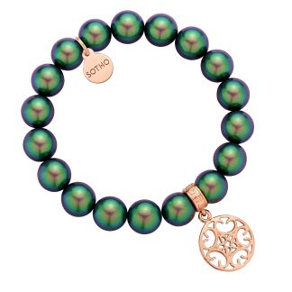 Zielona bransoletka z pereł SWAROVSKI® CRYSTAL z okrągłą rozetką z różowego złota