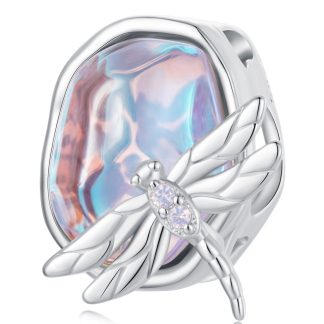 Opalizujący kamień z ważką srebrny charms koralik beads srebro 925