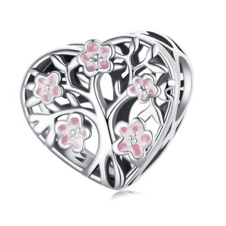 Serce z różowymi kwiatami srebrny charms koralik beads