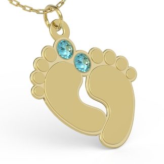 Naszyjnik ze srebra POZŁACANY z łańcuszkiem w kształcie stóp z cyrkoniami Swarovski BLUE - Grawer GRATIS!