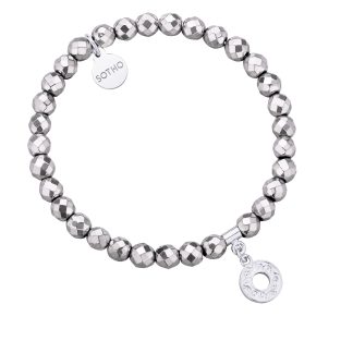 Srebrna  bransoletka z fasetowanego hematytu z rozetką