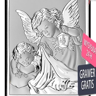 Obrazek srebrny aniołek nad dzieciątkiem 6*9 cm  -pamiątka chrztu św.