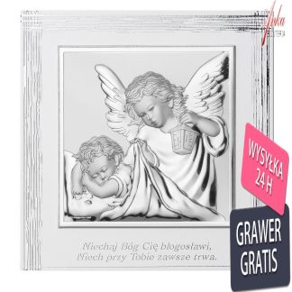 Aniołek z latarenką na białym drewnie  - obrazek srebrny -17 cm*17 cm
