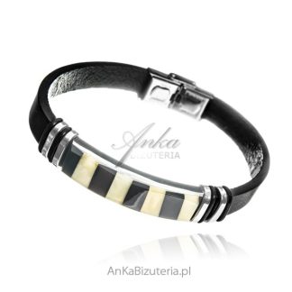 Bransoleta  unisex z bursztynem biało -wiśniowym  ze stali szlachetnej oraz skóry.
