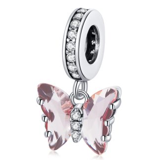 Mały kryształowy motylek w kolorze różowym srebrny charms zawieszka beads srebro 925
