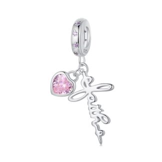 Różowe serce z kryształkiem srebrny charms wiara zawieszka beads