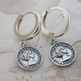 LONDYN - srebrne kolczyki moneta na angielskim zap
