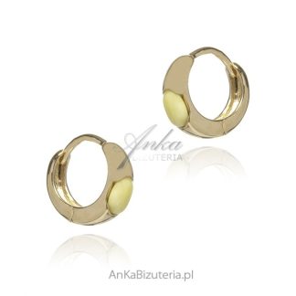 Kolczyki srebrne małe kółka pozłacane różowym złotem  z żółtym bursztynem
