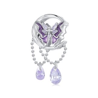 Księżycowy motylek z fioletowymi kryształami srebrny charms koralik beads
