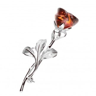 Srebrna broszka róża z bursztynem