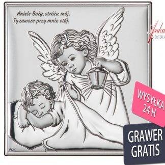 Obrazek srebrny aniołek nad dzieciątkiem 11*11 cm - "aniele bozy stróżu mój.."