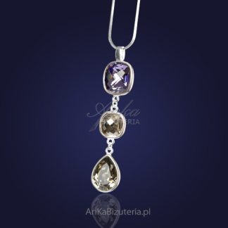 Swarowski naszyjnik srebrny  z kryształami swarovski - fioletowym i szarymi.
