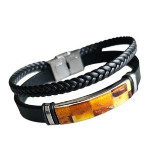 Bransoleta  podwójna pleciona ze skóry i żółto-koniakowego bursztynu  szachownica unisex