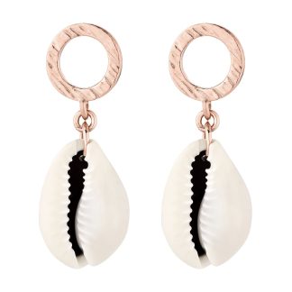 Kolczyki z różowego złota z chropowatym kółeczkiem i dużą muszelką