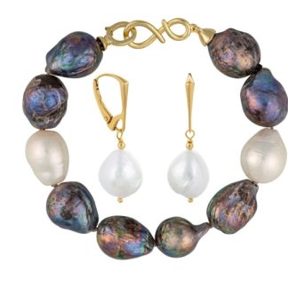 NELLIE NOIR DOT Komplet bransoletka kolczyki duże czarne białe perły barokowe owalne srebro 02