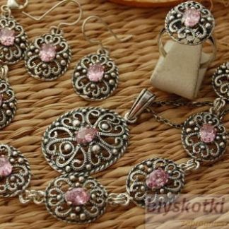 Srebrny komplet z różowym kryształem MARGE