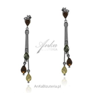 Kolczyki srebrne z kolorowym bursztynem wiszące