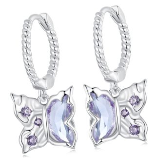 Kryształowe fioletowe motylki srebrne kolczyki koła zatrzaski