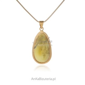 Srebrna zawieszka pozłacana z mleczno - zielonym bursztynem - unikat